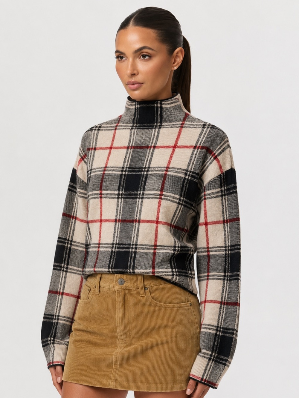 Tahari Cream Plaid Turtleneck Sweater with Black & Red Accents